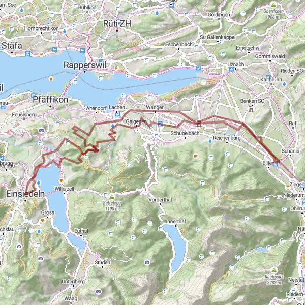 Map miniature of "The Backroads of Einsiedeln" cycling inspiration in Zentralschweiz, Switzerland. Generated by Tarmacs.app cycling route planner