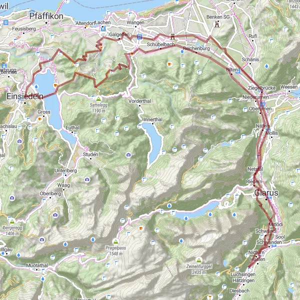 Mapa miniatúra "Náročný gravelový okruh okolo Einsiedelnu" cyklistická inšpirácia v Zentralschweiz, Switzerland. Vygenerované cyklistickým plánovačom trás Tarmacs.app