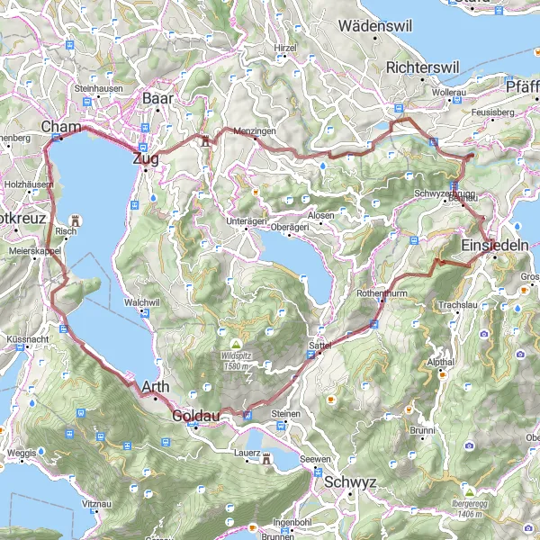 Miniatua del mapa de inspiración ciclista "Ruta de Grava de Einsiedeln a Zug" en Zentralschweiz, Switzerland. Generado por Tarmacs.app planificador de rutas ciclistas