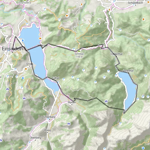 Miniatura della mappa di ispirazione al ciclismo "Giro in bicicletta da Einsiedeln - Strada" nella regione di Zentralschweiz, Switzerland. Generata da Tarmacs.app, pianificatore di rotte ciclistiche