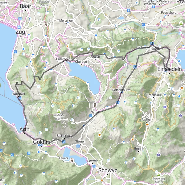 Map miniature of "Zürich Lake Loop" cycling inspiration in Zentralschweiz, Switzerland. Generated by Tarmacs.app cycling route planner