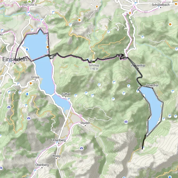 Map miniature of "Scenic Einsiedeln Loop via Vogelherd and Sattelegg" cycling inspiration in Zentralschweiz, Switzerland. Generated by Tarmacs.app cycling route planner