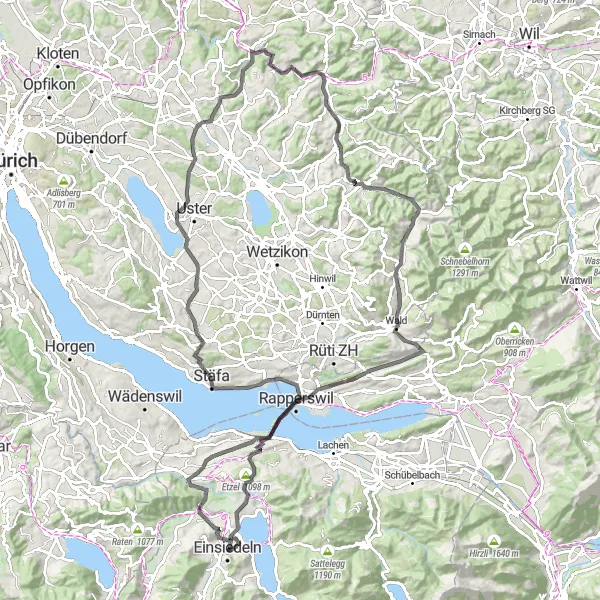 Miniatura della mappa di ispirazione al ciclismo "Da Einsiedeln al Monte Hummelberg" nella regione di Zentralschweiz, Switzerland. Generata da Tarmacs.app, pianificatore di rotte ciclistiche