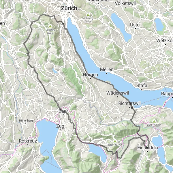 Karttaminiaatyyri "Tiepyöräilyreitti Kloster Einsiedelnin ympäri" pyöräilyinspiraatiosta alueella Zentralschweiz, Switzerland. Luotu Tarmacs.app pyöräilyreittisuunnittelijalla