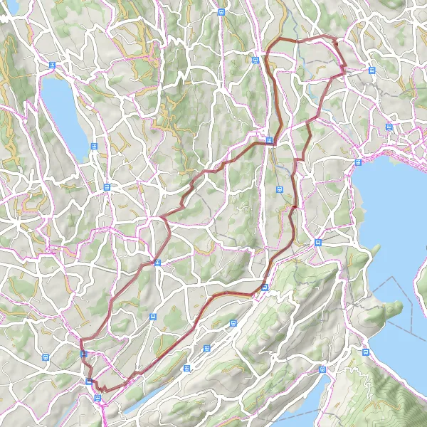 Map miniature of "Emmen-Rothenburg-Abtwil-Sankt Wolfgang-Burgruine Alt-Eschenbach-Rathausen-Start Riffigweiher-Emmen" cycling inspiration in Zentralschweiz, Switzerland. Generated by Tarmacs.app cycling route planner
