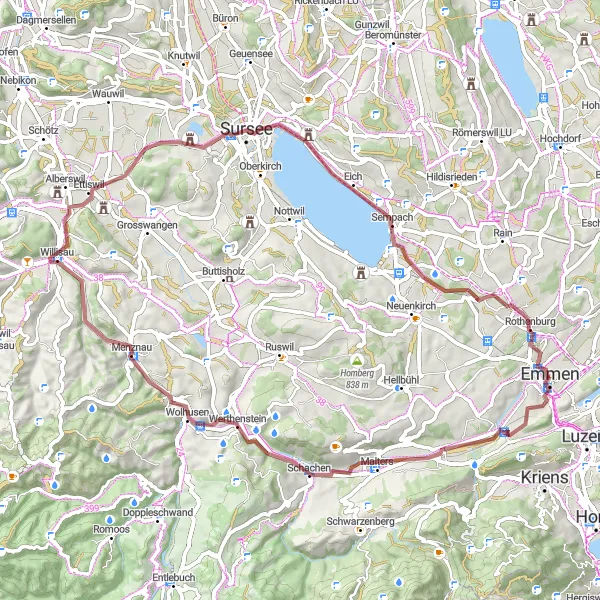 Map miniature of "Emmen-Littau-Werthenstein-Menznau-Kottwil-Lake Sempach-Start Riffigweiher-Emmen" cycling inspiration in Zentralschweiz, Switzerland. Generated by Tarmacs.app cycling route planner