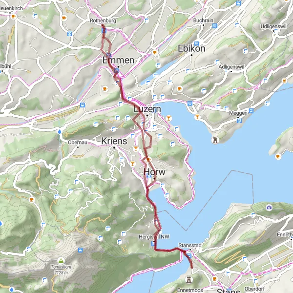 Map miniature of "Emmen-Rothenburg-Haslihorn-Männliturm-Start Riffigweiher-Emmen" cycling inspiration in Zentralschweiz, Switzerland. Generated by Tarmacs.app cycling route planner