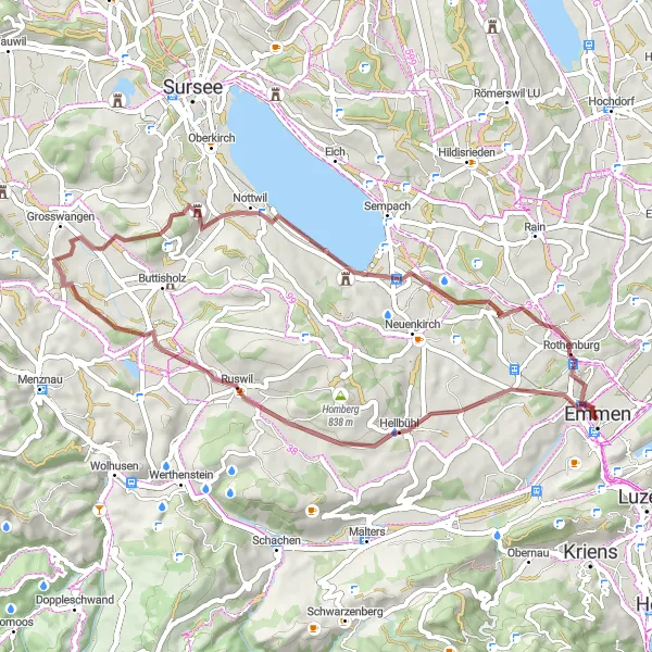 Miniatua del mapa de inspiración ciclista "Ruta de ciclismo en gravilla por Sempach y Rothenburg" en Zentralschweiz, Switzerland. Generado por Tarmacs.app planificador de rutas ciclistas