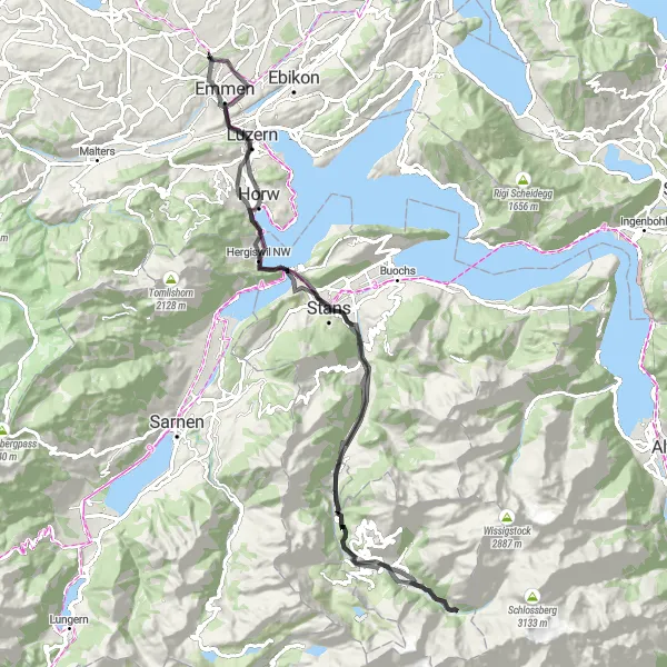Map miniature of "From Emmen to Engelberg Through Swiss Countryside" cycling inspiration in Zentralschweiz, Switzerland. Generated by Tarmacs.app cycling route planner