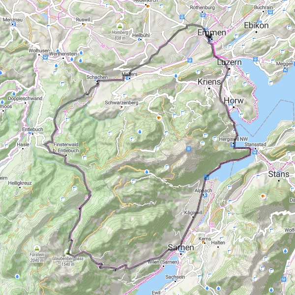 Miniatura della mappa di ispirazione al ciclismo "Giro in bicicletta Emmen - Rengg" nella regione di Zentralschweiz, Switzerland. Generata da Tarmacs.app, pianificatore di rotte ciclistiche