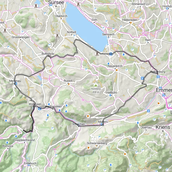 Miniatua del mapa de inspiración ciclista "Ruta de ciclismo en carretera a través de Rothenburg y Wolhusen" en Zentralschweiz, Switzerland. Generado por Tarmacs.app planificador de rutas ciclistas