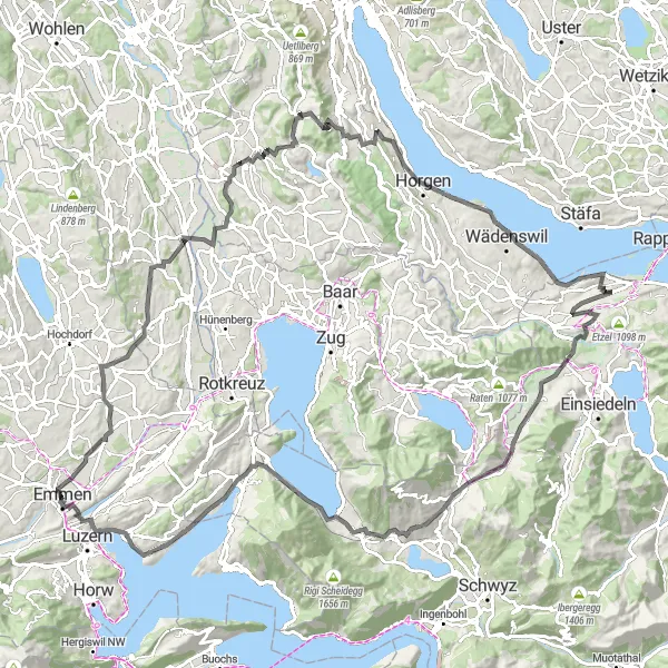 Mapa miniatúra "Cyklistická cesta okolo Emmen" cyklistická inšpirácia v Zentralschweiz, Switzerland. Vygenerované cyklistickým plánovačom trás Tarmacs.app