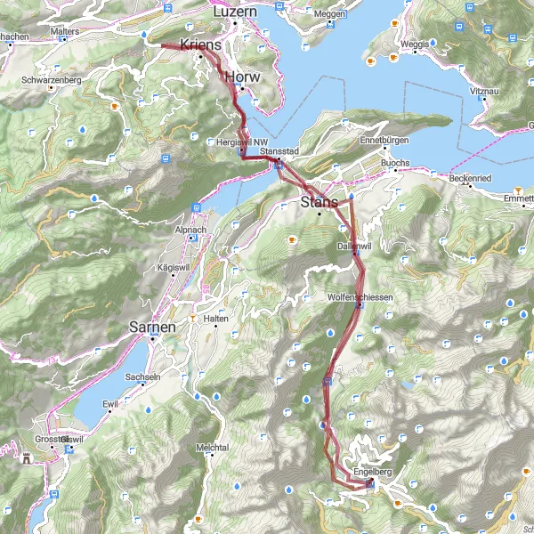 Miniaturní mapa "Cyklotrasa mezi osady" inspirace pro cyklisty v oblasti Zentralschweiz, Switzerland. Vytvořeno pomocí plánovače tras Tarmacs.app