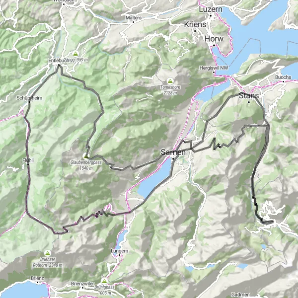 Zemljevid v pomanjšavi "Izziv cestnega kolesarjenja v Zentralschweizu" kolesarske inspiracije v Zentralschweiz, Switzerland. Generirano z načrtovalcem kolesarskih poti Tarmacs.app