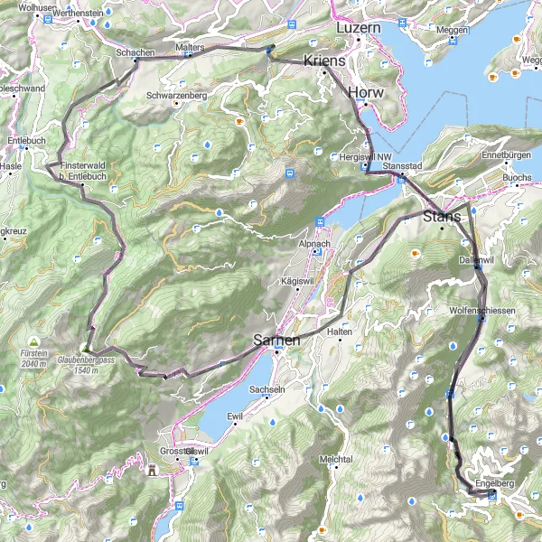 Map miniature of "Engelberg - Kriens Loop" cycling inspiration in Zentralschweiz, Switzerland. Generated by Tarmacs.app cycling route planner