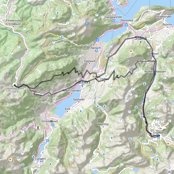 Zemljevid v pomanjšavi "Krožna cestna pot z zahtevnim vzponom" kolesarske inspiracije v Zentralschweiz, Switzerland. Generirano z načrtovalcem kolesarskih poti Tarmacs.app