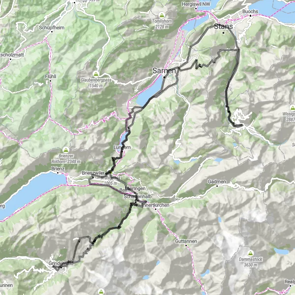 Miniatura della mappa di ispirazione al ciclismo "Tour in bicicletta di 199 km tra montagne e natura" nella regione di Zentralschweiz, Switzerland. Generata da Tarmacs.app, pianificatore di rotte ciclistiche