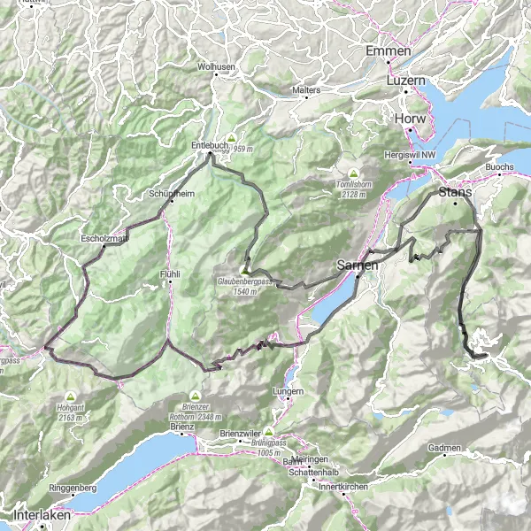 Miniatura della mappa di ispirazione al ciclismo "Giro ciclistico attraverso Entlebuch e Sorenberg" nella regione di Zentralschweiz, Switzerland. Generata da Tarmacs.app, pianificatore di rotte ciclistiche