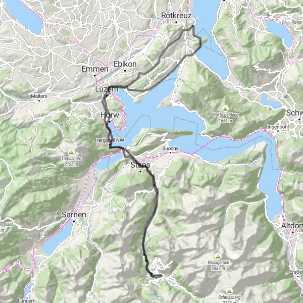 Miniatura della mappa di ispirazione al ciclismo "Avventura ciclistica tra Dallenwil e Hergiswil NW" nella regione di Zentralschweiz, Switzerland. Generata da Tarmacs.app, pianificatore di rotte ciclistiche