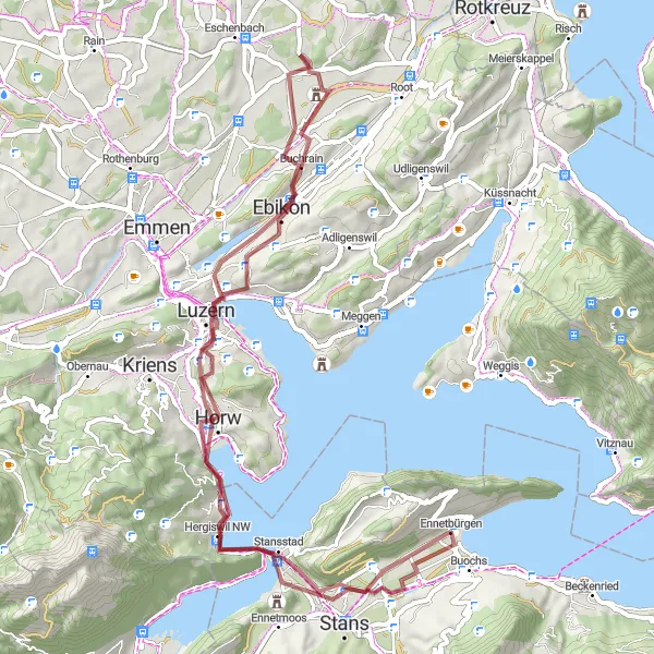 Karttaminiaatyyri "Maastopyöräreitti Hergiswil NW:stä Lucerneen ja takaisin" pyöräilyinspiraatiosta alueella Zentralschweiz, Switzerland. Luotu Tarmacs.app pyöräilyreittisuunnittelijalla