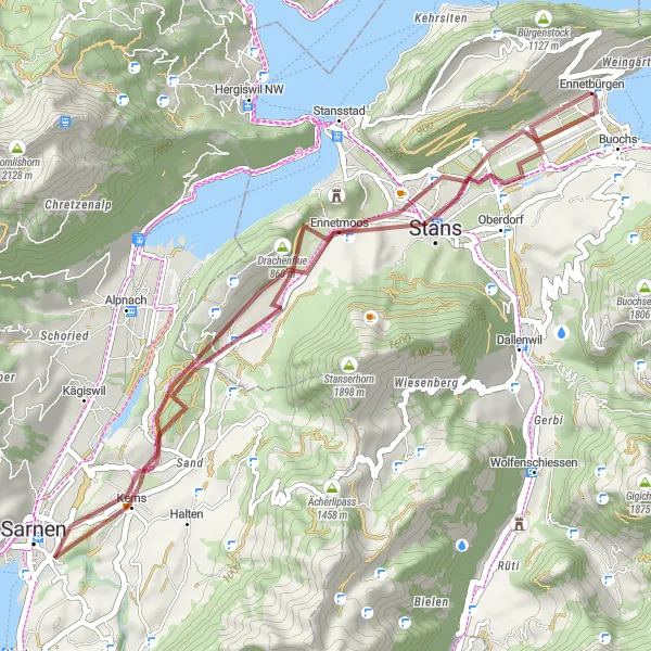 Map miniature of "Gravel Adventure: Ennetbürgen loop" cycling inspiration in Zentralschweiz, Switzerland. Generated by Tarmacs.app cycling route planner
