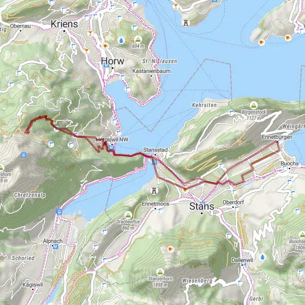 Miniatua del mapa de inspiración ciclista "Ruta de Grava alrededor de Ennetbürgen" en Zentralschweiz, Switzerland. Generado por Tarmacs.app planificador de rutas ciclistas