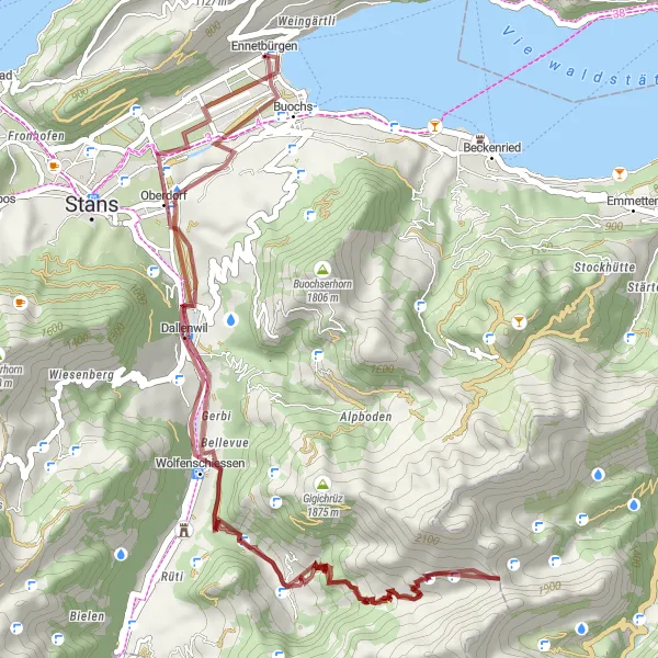 Map miniature of "Ultimate Gravel Adventure: Ennetbürgen to Dallenwil" cycling inspiration in Zentralschweiz, Switzerland. Generated by Tarmacs.app cycling route planner