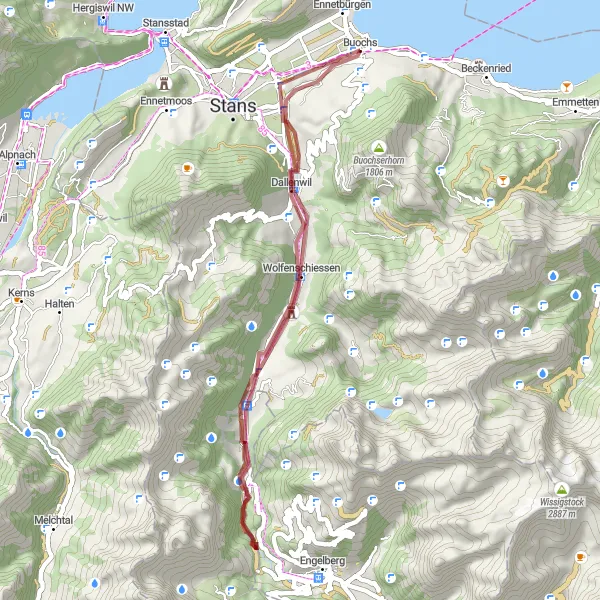 Mapa miniatúra "Gravelová výletná trasa stredom Zentralschweiz" cyklistická inšpirácia v Zentralschweiz, Switzerland. Vygenerované cyklistickým plánovačom trás Tarmacs.app