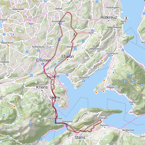 Miniaturní mapa "Gravel Tour of Lake Lucerne" inspirace pro cyklisty v oblasti Zentralschweiz, Switzerland. Vytvořeno pomocí plánovače tras Tarmacs.app