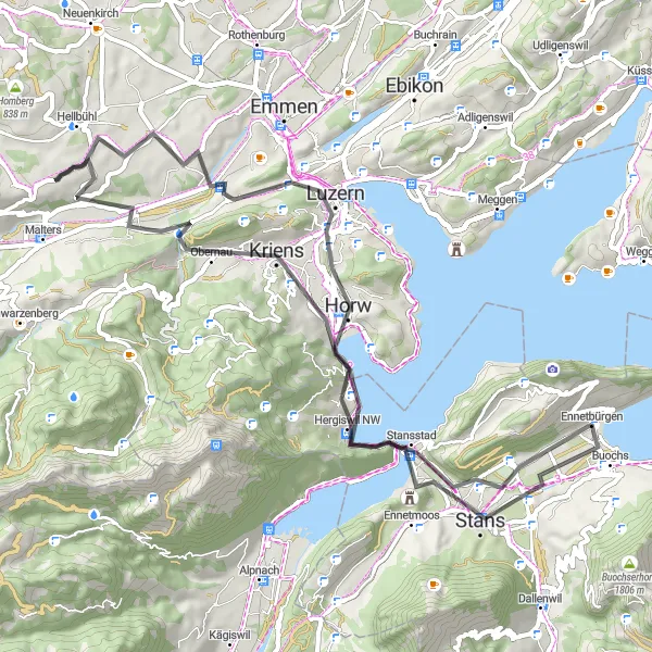 Map miniature of "Ennetbürgen Styled Gravel Tour" cycling inspiration in Zentralschweiz, Switzerland. Generated by Tarmacs.app cycling route planner
