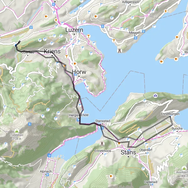 Miniatura della mappa di ispirazione al ciclismo "Giro Panoramico da Ennetbürgen" nella regione di Zentralschweiz, Switzerland. Generata da Tarmacs.app, pianificatore di rotte ciclistiche