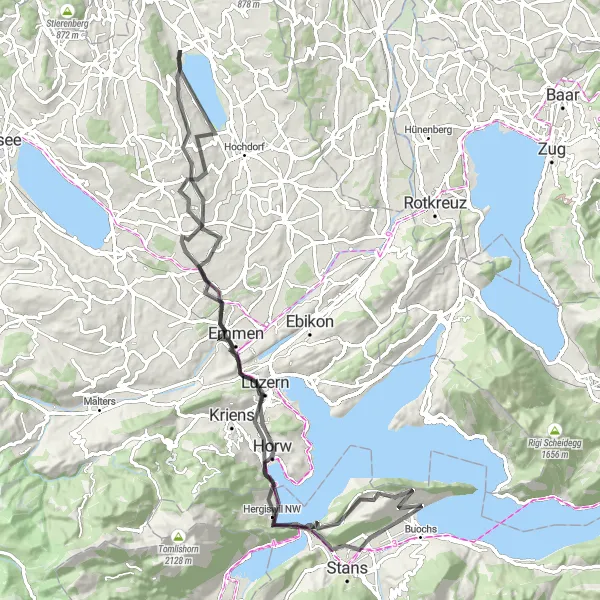 Miniatua del mapa de inspiración ciclista "Ruta desafiante de 91 km en carretera desde Ennetbürgen" en Zentralschweiz, Switzerland. Generado por Tarmacs.app planificador de rutas ciclistas