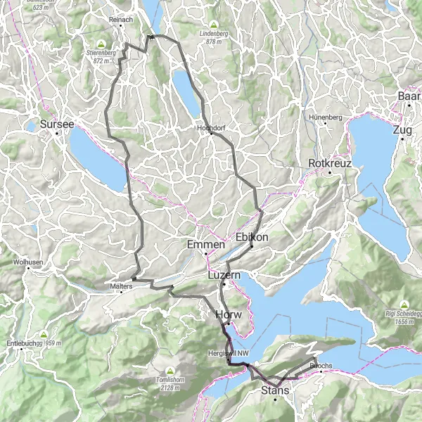 Miniaturní mapa "Cyklotrasa skrz historické městečka Zentralschweiz" inspirace pro cyklisty v oblasti Zentralschweiz, Switzerland. Vytvořeno pomocí plánovače tras Tarmacs.app