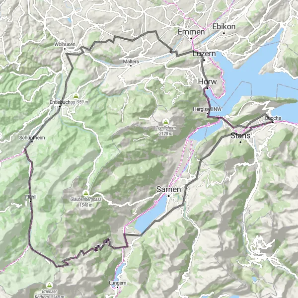 Miniaturekort af cykelinspirationen "Udfordrende rute til Ennetbürgen" i Zentralschweiz, Switzerland. Genereret af Tarmacs.app cykelruteplanlægger