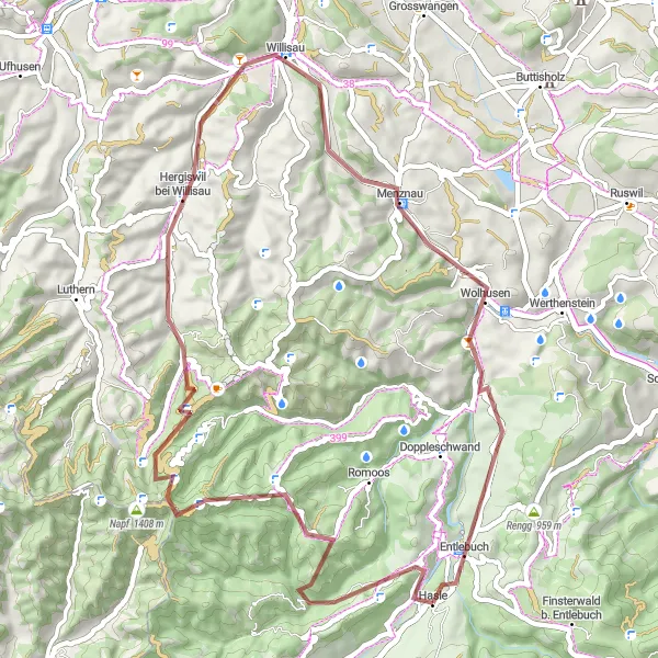 Map miniature of "Entlebuch Gravel Escape" cycling inspiration in Zentralschweiz, Switzerland. Generated by Tarmacs.app cycling route planner