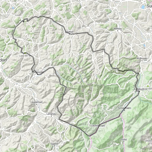 Miniatura della mappa di ispirazione al ciclismo "Giro in bicicletta da Entlebuch" nella regione di Zentralschweiz, Switzerland. Generata da Tarmacs.app, pianificatore di rotte ciclistiche