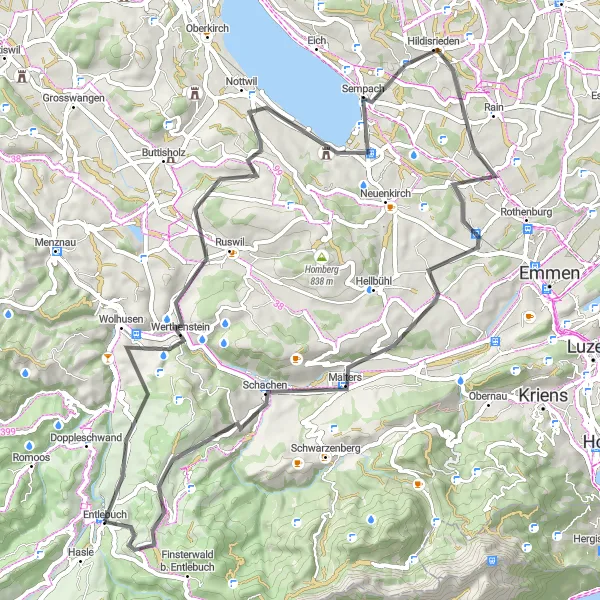 Miniatuurkaart van de fietsinspiratie "Wegfietsen rondom Entlebuch en Sempachersee" in Zentralschweiz, Switzerland. Gemaakt door de Tarmacs.app fietsrouteplanner