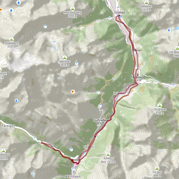 Map miniature of "Erstfeld Gravel Loop" cycling inspiration in Zentralschweiz, Switzerland. Generated by Tarmacs.app cycling route planner