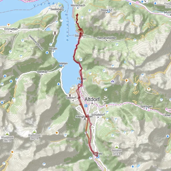 Miniaturní mapa "Okruhová trasa Flüelen - Tellsplatte - Optický klam - Sisikon - Attinghausen - Erstfeld (zátaras)" inspirace pro cyklisty v oblasti Zentralschweiz, Switzerland. Vytvořeno pomocí plánovače tras Tarmacs.app