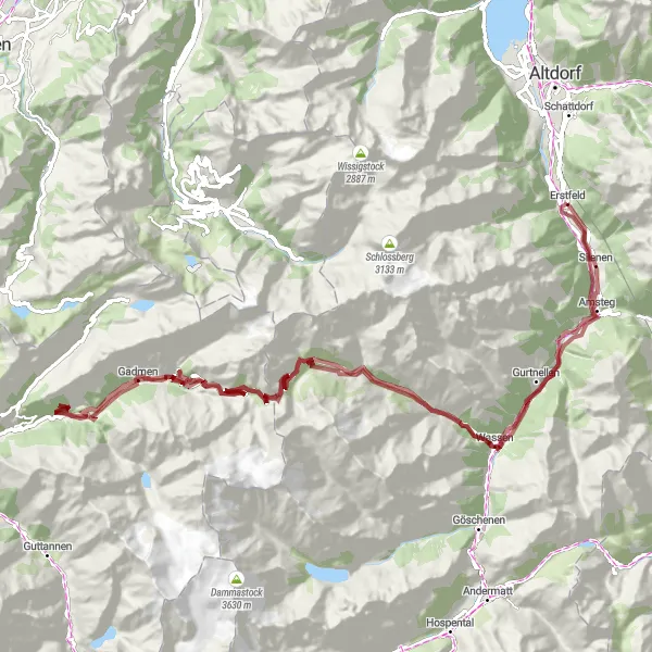 Miniatua del mapa de inspiración ciclista "Desafío en Grava del Sustenpass" en Zentralschweiz, Switzerland. Generado por Tarmacs.app planificador de rutas ciclistas