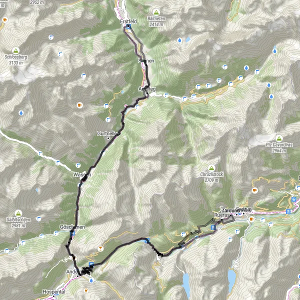 Miniatura della mappa di ispirazione al ciclismo "Avventura ciclistica da Andermatt a Silenen" nella regione di Zentralschweiz, Switzerland. Generata da Tarmacs.app, pianificatore di rotte ciclistiche