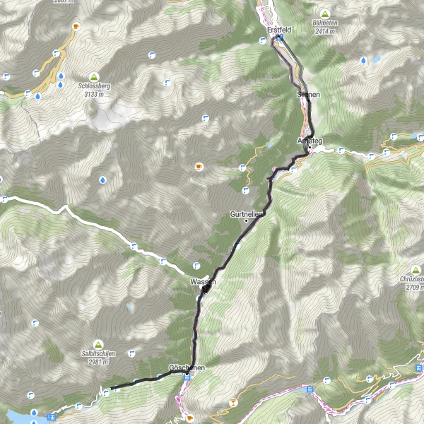 Miniaturní mapa "Cyklistická cesta po silnici kolem Erstfeld: Pestrá krajina a historické památky" inspirace pro cyklisty v oblasti Zentralschweiz, Switzerland. Vytvořeno pomocí plánovače tras Tarmacs.app