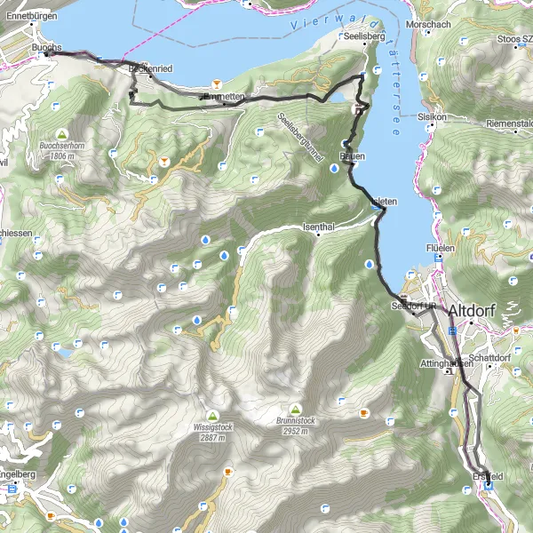 Miniatura della mappa di ispirazione al ciclismo "Giro in bicicletta su strada con vista sul lago a Bauen e Buochs" nella regione di Zentralschweiz, Switzerland. Generata da Tarmacs.app, pianificatore di rotte ciclistiche