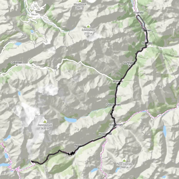 Karttaminiaatyyri "Erstfeldin kierros Furkapassille ja takaisin" pyöräilyinspiraatiosta alueella Zentralschweiz, Switzerland. Luotu Tarmacs.app pyöräilyreittisuunnittelijalla