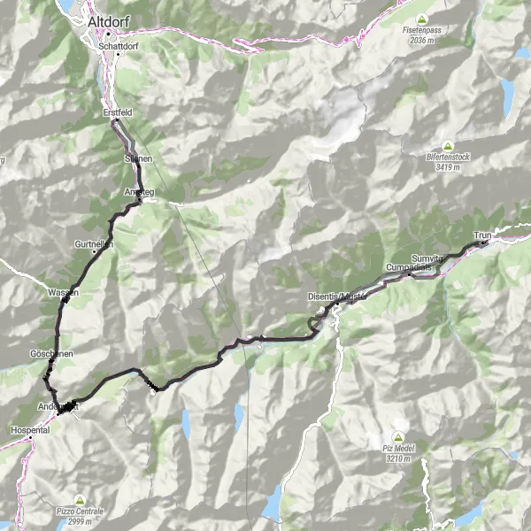Miniaturní mapa "Výlet přes Oberalppass a Sedrun" inspirace pro cyklisty v oblasti Zentralschweiz, Switzerland. Vytvořeno pomocí plánovače tras Tarmacs.app