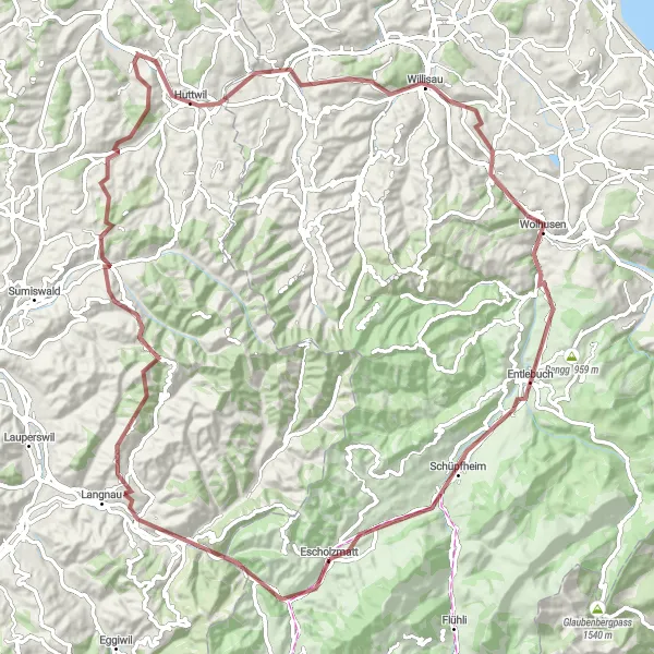 Miniatuurkaart van de fietsinspiratie "Gravelroute door Emmental en Entlebuch" in Zentralschweiz, Switzerland. Gemaakt door de Tarmacs.app fietsrouteplanner