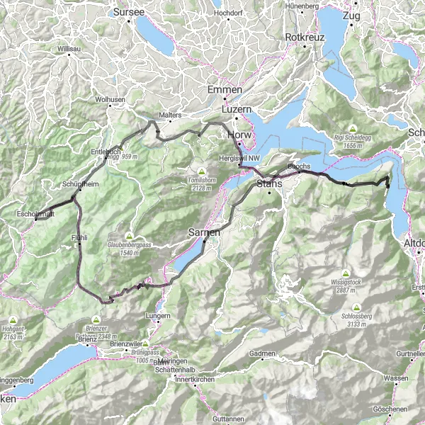 Miniatura della mappa di ispirazione al ciclismo "Il Giro dei Laghi Centrali" nella regione di Zentralschweiz, Switzerland. Generata da Tarmacs.app, pianificatore di rotte ciclistiche