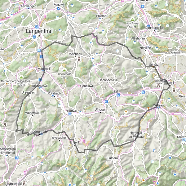 Miniatuurkaart van de fietsinspiratie "Route van Ettiswil naar Schötz via Hitzenberg" in Zentralschweiz, Switzerland. Gemaakt door de Tarmacs.app fietsrouteplanner