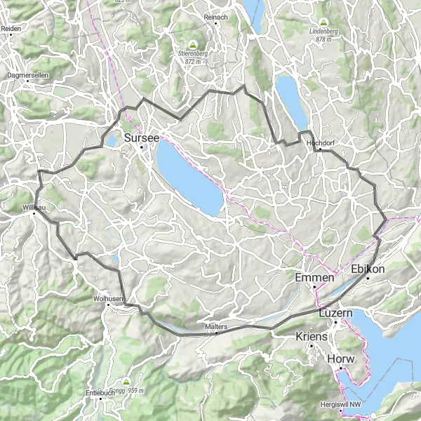 Miniatua del mapa de inspiración ciclista "Ruta de Carretera a través de Lucerna y Menznau" en Zentralschweiz, Switzerland. Generado por Tarmacs.app planificador de rutas ciclistas