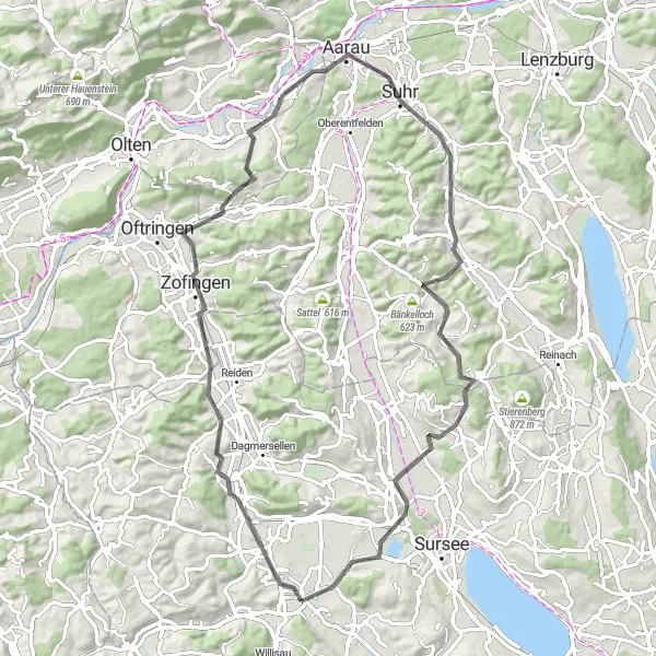 Karttaminiaatyyri "Ettiswilin pyöräilyreitti 5" pyöräilyinspiraatiosta alueella Zentralschweiz, Switzerland. Luotu Tarmacs.app pyöräilyreittisuunnittelijalla